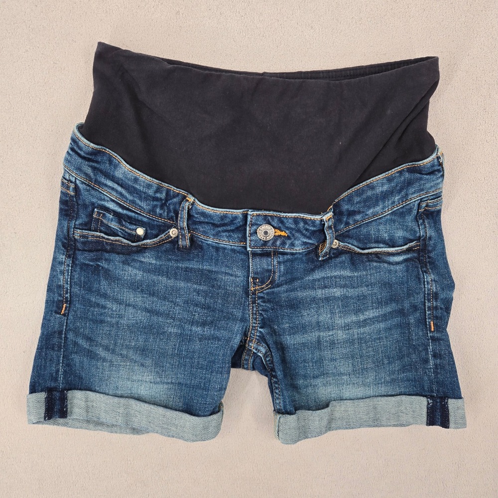 H&M Mama 4 Denim Maternity Shorts Womens Blue Cuffed Casual Stretch Jean Shorts